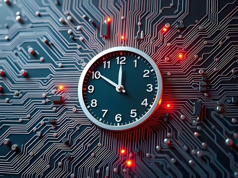 A high-resolution close-up image featuring a classic analog clock face centrally placed over a detailed printed circuit board (PCB). The dark circuit pathways, tiny electronic components.