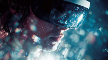 Deep Immersion in Virtual Reality: Person Wearing Modern VR Headset Surrounded by Refracting Digital Light