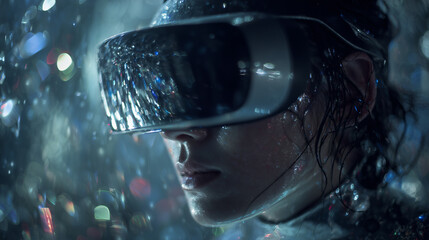 Sleek VR Headset Close-up: Immersed Person in Futuristic Metaverse or Cyberpunk World