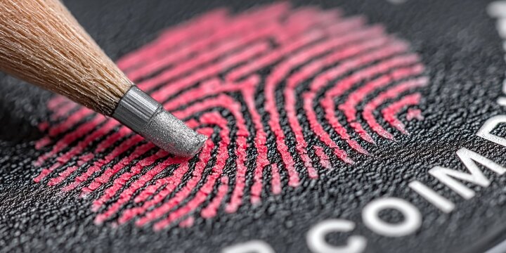 a close-up view of a paintbrush with a brown handle, positioned on a textured surface with red markers scattered across it