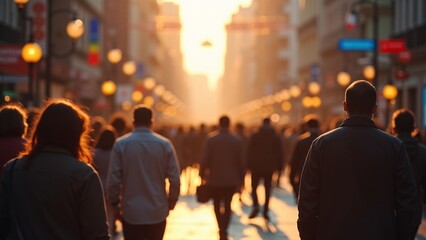 Fototapeta premium Crowd Walking On City Street At Sunset