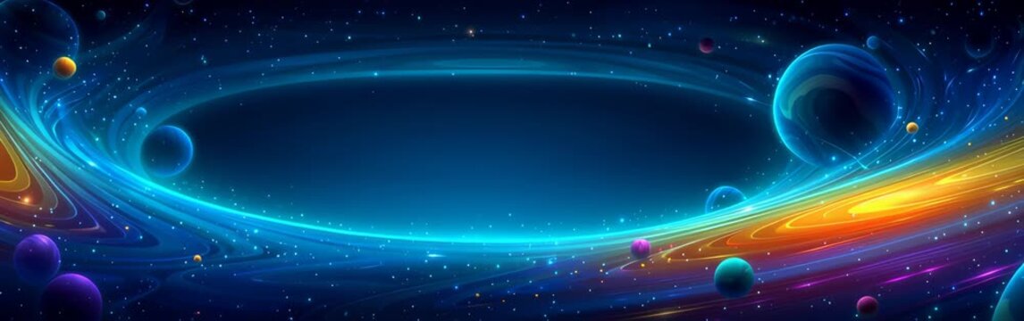 A vivid cosmic scene features a glowing blue oval frame, neon arcs, orbs, and starry depth vastness!