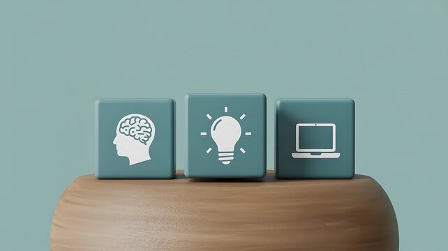 Brain, lightbulb, and laptop icons on blocks symbolizing intellect, brilliant ideas, and digital tools for innovation