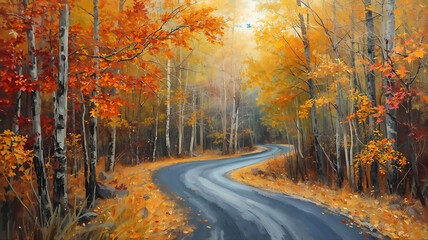 Obraz premium 曲がりくねった秋の山道の風景イラスト