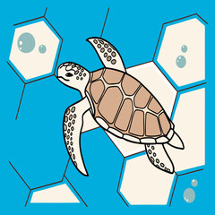 Obraz premium Cartoon Sea Turtle Swimming in Blue Ocean Water Over an Abstract Honeycomb Hexagonal Pattern with Air Bubbles