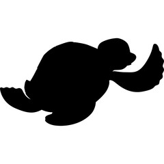 Black Silhouette of a Sea Turtle Swimming Gracefully with One Flippers Raised High Against a Transparent Background