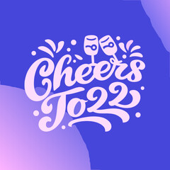 Celebratory cheers to 2022 lettering with champagne glasses and confetti on a vibrant purple and pink gradient background