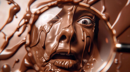  surreal close-up of a human face covered in glossy, dripping chocolate, with one wide eye magnified through a round lens - Generative AI