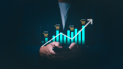 Business sales growth with technology and systems, a businessman showing sales graph, online marketing, and e-commerce shopping trend