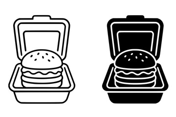 Vector Illustration of a Burger in a Container, Outline and Silhouette Versions