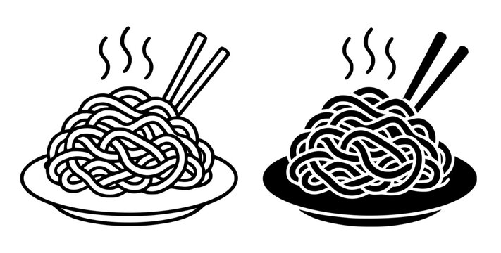 Vector Illustration of Noodles on a Plate, Outline and Silhouette Versions