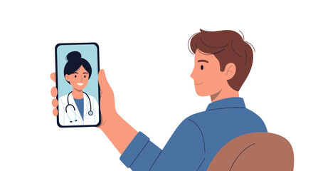 Modern man using telehealth app for online doctor consultation, connecting with smiling physician remotely on smartphone, convenient healthcare access