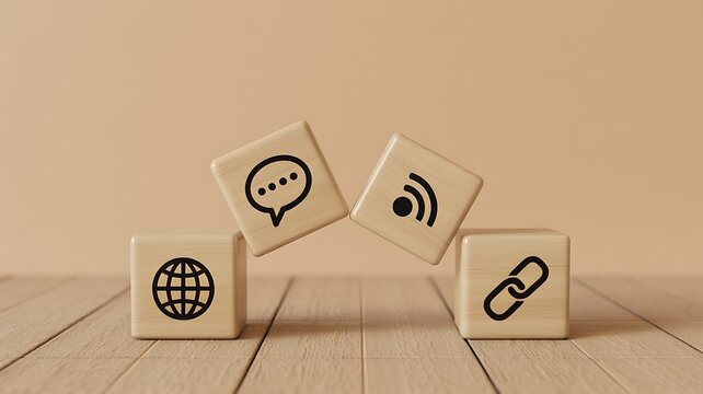 Representing digital communication, online presence, and interconnectedness through interactive wooden blocks displaying essential web icons