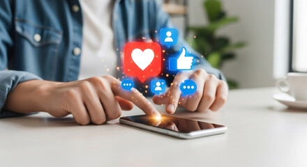 Person interacting with social media notifications on a smartphone, engagement and connection