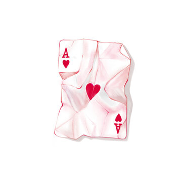 Stylized illustration of a wrinkled Ace of Hearts playing card in red tones, isolated on a clean white background. 