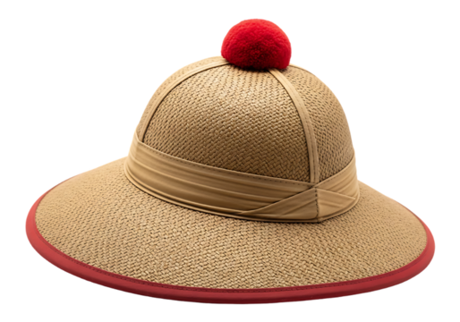 Vintage pith helmet with red pom pom isolated on transparent background