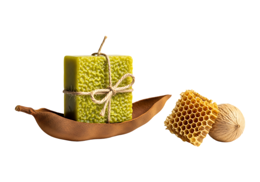 Green beeswax candle with honeycomb and dried leaf isolated on transparent background - Powered by Adobe