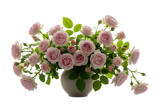 Elegant bouquet of pale pink roses in a vase isolated on transparent background