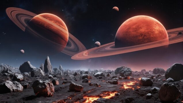Alien Planet Landscape with Ringed Gas Giants and Volcanic Activity. - Powered by Adobe