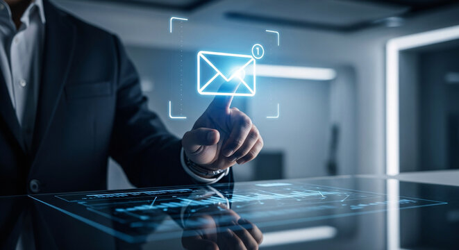 Businessman interacting with a glowing digital envelope icon on a futuristic interface, symbolizing communication and technology.