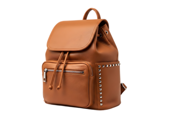 Brown leather backpack with studs isolated on transparent background