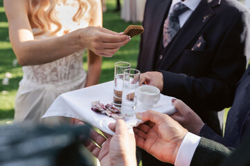 Traditional ceremony moment with hands holding bread, salt, and shots of vodka or water on a white cloth — symbolic Eastern European wedding ritual of hospitality, unity, and blessing.