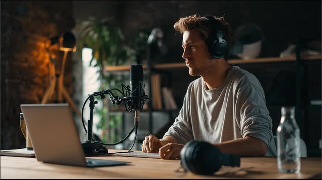 Focused Young Man Recording Podcast or Live Stream in Cozy Home Studio with Professional Equipment
