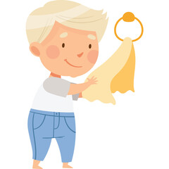Blond Boy In Blue Jeans And White Shirt Holds A Yellow Cloth For Drying Or Cleaning With Transparent Background