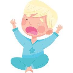 Blond Haired Boy in Blue Pajamas Yawning Widely with Arms Raised in a Sitting Position Isolated on White Background