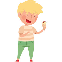 Blond Haired Boy in Striped Shirt and Green Pants Holding an Ice Cream Cone in a Hand with a Transparent Background