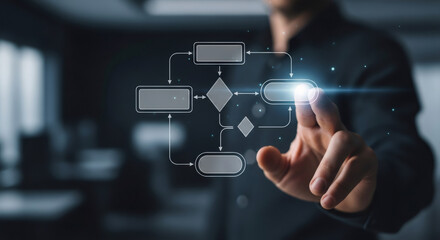 Man's finger activating a glowing digital flowchart on a dark background