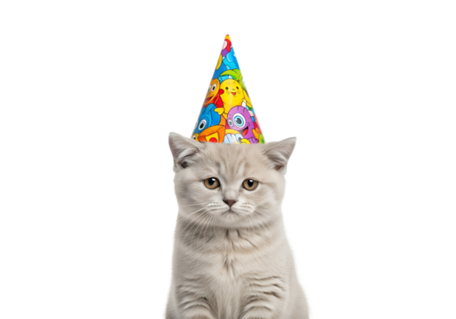 Cute kitten wearing a colorful party hat isolated on transparent background - Powered by Adobe