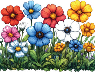 Colorful Hand-Drawn Flower Bouquet with Green Leaves on White Background