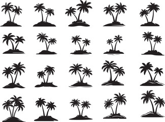 Palm Tree Silhouette Set on Small Islands Vector Illustration
