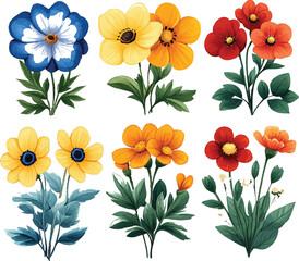 Colorful Hand-Drawn Flower Bouquet with Green Leaves on White Background