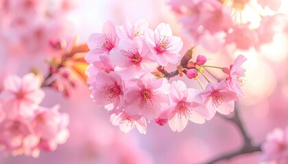 Close Up Macro Shot Of Delicate Pink Cherry Blossom Flowers In Bloom With Soft Bokeh Background And Warm Sunlight