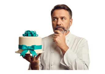 Man in chef uniform holding a decorated cake isolated on transparent background