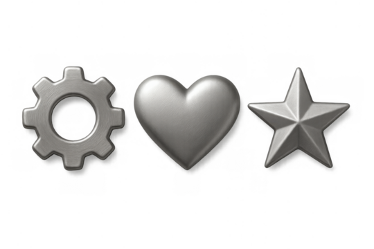 Silver metallic 3d icons set with gear, heart, and star for settings, love, and rating symbols on transparent background