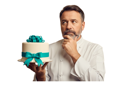 Man in chef uniform holding a decorated cake isolated on transparent background