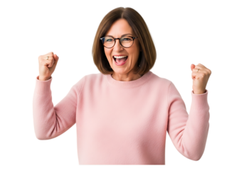 Excited mature woman celebrating success with fists raised isolated on transparent background