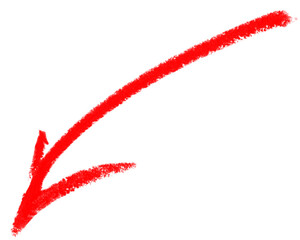 Red crayon arrow isolated on transparent background, a handdrawn artistic direction