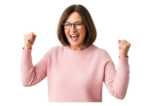 Excited mature woman celebrating success with fists raised isolated on transparent background