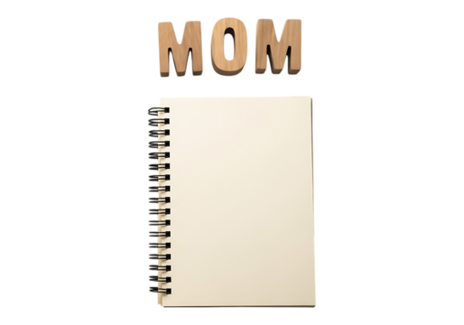 Wooden letters spelling mom above a blank notebook isolated on transparent background - Powered by Adobe