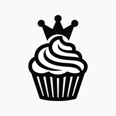 Black and white graphic icon of a cupcake with a crown on top symbol