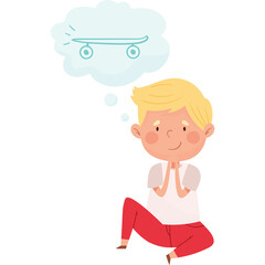 Blonde Haired Boy Dreaming Of A Skateboard While Sitting In A White Room Wearing A White Shirt And Red Pants With A Thought Bubble Above His Head Showing A Skateboard