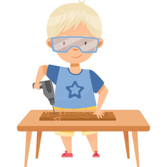 Blonde Haired Boy Wearing Safety Glasses and Blue T Shirt With Star Symbol and Yellow Shorts Drilling Wood on Table