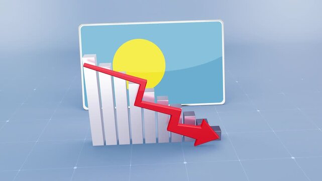 Palau Flag and Bar Chart Graph Showing Decreasing Values a Red Arrow Economic Crisis Concept