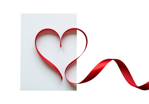 Red ribbon forming a heart shape on a white card isolated on transparent background