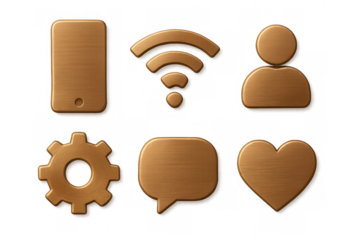 Wooden 3d social media and technology icons set. Messaging, liking, connecting, customizing, and sharing concepts