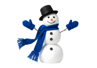 A cheerful snowman in a black hat and blue scarf with matching mittens, ready for winter fun